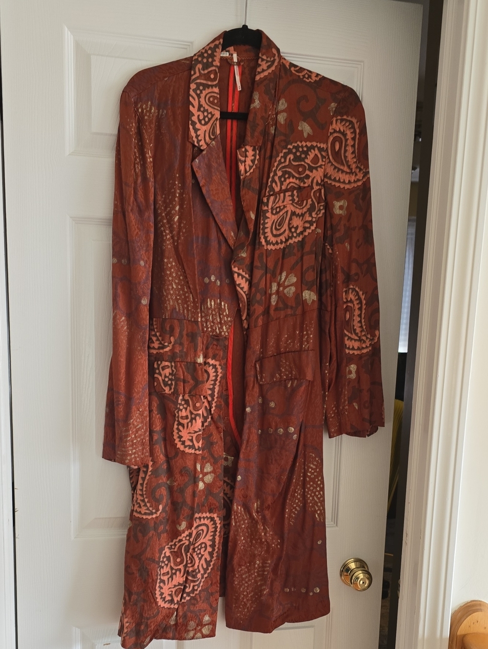 Free People Rust and Salmon Paisley Long Trench Coat